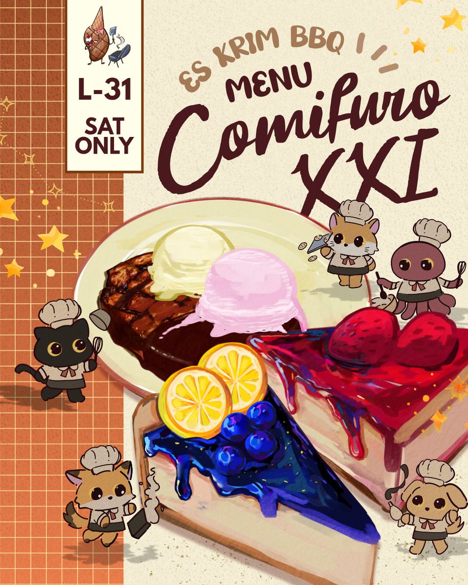 [🧡&amp; 🔁are appreciated]

🍖 ES KRIM BBQ OTS FOR #CFXXI 🍨

🗓️ Day 1 (15 November)
📍Booth L-31 (Day 1 ONLY)

✨️ PRSK, HSR, KPDH, MHYK, Vocaloid, Enstars, 18trip, Link Click, The Little Prince

#comifuroXXIcatalogue #cf21 #comifuro21catalogue #comifuroxxi