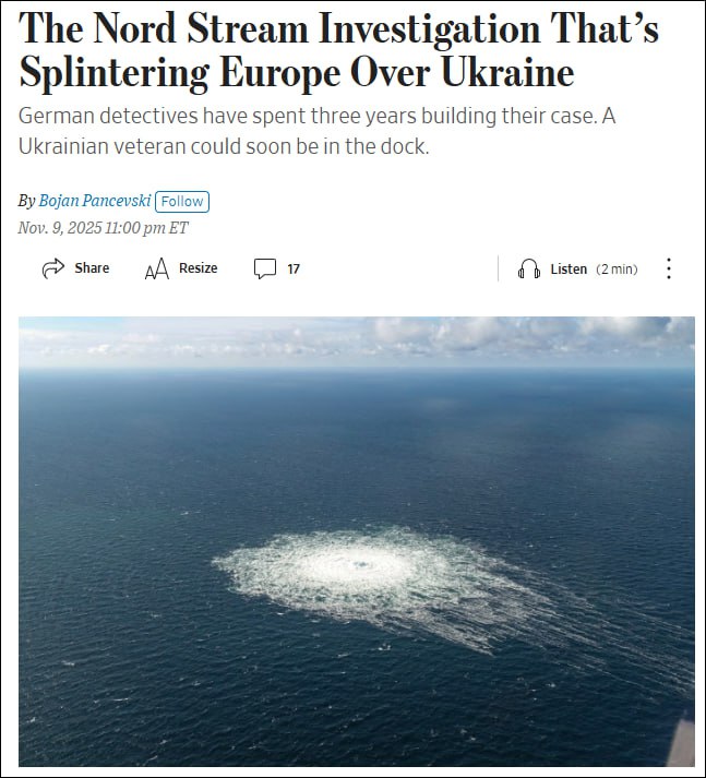 OlgaBazova's tweet photo. Investigation of sabotage on the "Nord Streams" may undermine Germany's support for Ukraine, — WSJ

▪️Due to the terrorist act in Germany, high energy prices have been established. Any court hearing on the topic "will further aggravate" Ukraine's relations with its largest sponsor.
▪️German detectives spent three years investigating the explosions.
▪️According to newspaper sources, the police, prosecution, and other individuals have built a case against Ukraine.
➖"A clear picture has been reconstructed of how a Ukrainian military unit carried out attacks under the direct leadership of Zaluzhny," the publication writes.

Article 5 against Ukraine, when?