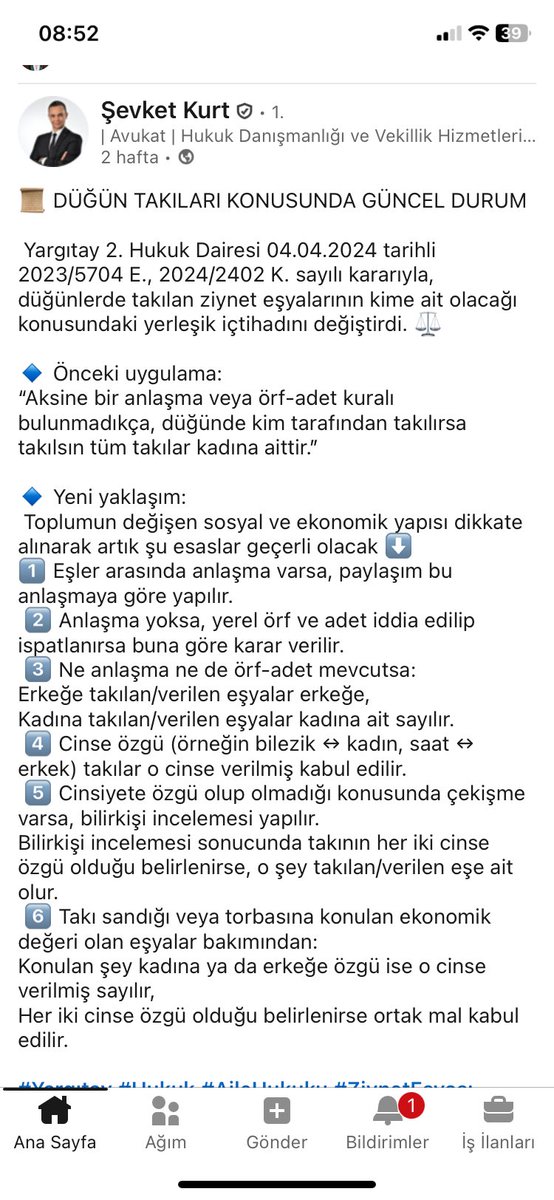 DÜĞÜN TAKILARI KONUSUNDA GÜNCEL DURUM

 Yargıtay 2. Hukuk Dairesi 04.04.2024 tarihli 2023/5704 E., 2024/2402 K. sayılı kararıyla, düğünlerde takılan ziynet eşyalarının kime ait olacağı konusundaki yerleşik içtihadını değiştirdi.