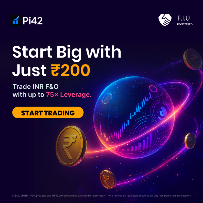 Pi42Exchange's tweet photo. Start trading INR F&amp;O with just ₹200!
Get up to 75× leverage on your trades.
FIU-Registered | Tax-Friendly | Built for India 
👉 Start Big with Pi42