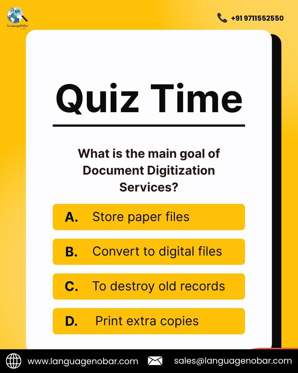 LanguageNoBar's tweet image. 📄✨ Quiz Time!
Do you know the main goal of Document Digitization Services?
Comment your answer below 👇and test your digital knowledge! 💻
A) Store paper files
B) Convert to digital files
C) Destroy old records
D) Print extra copies
#DocumentDigitization #DigitalTransformation
