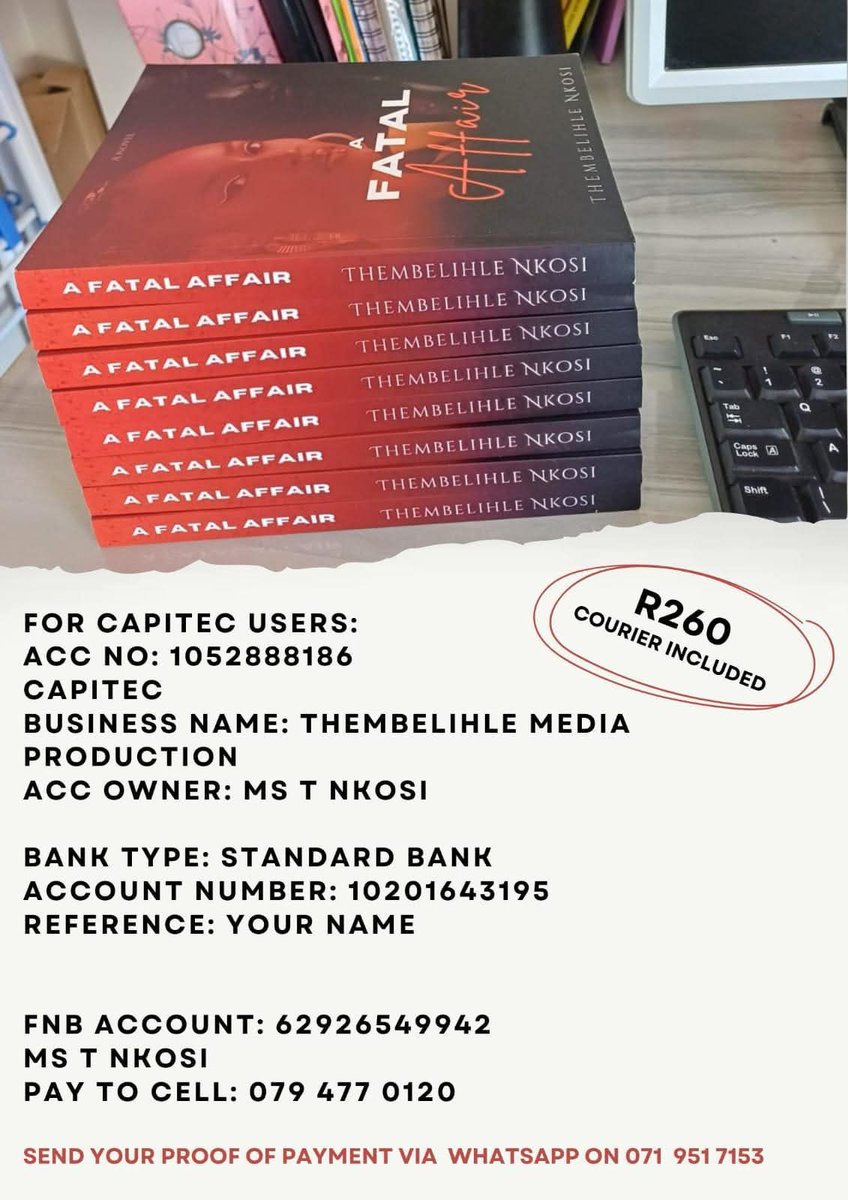 ImPowerdWoman's tweet photo. Thembelihle Nkosi is the author for our November read. Please see the details to purchase our read. She uses courier guy and paxi for delivery. Thank you in advance. We can't wait for our discussion. #ImPowerdWoman #BookClub #AFatalAffair https://t.co/0kQOUDL9aD