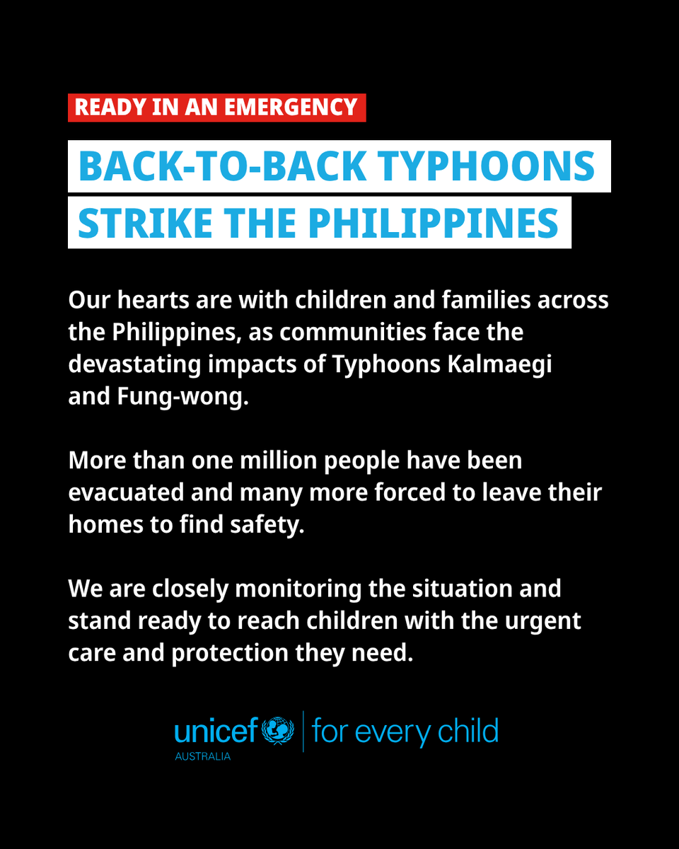Our hearts are with children and families across the Philippines as Typhoons Kalmaegi and Fung-wong bring flooding, landslides and mass evacuations.

UNICEF is monitoring the situation and stands ready to support local partners to deliver urgent care and protection for children.