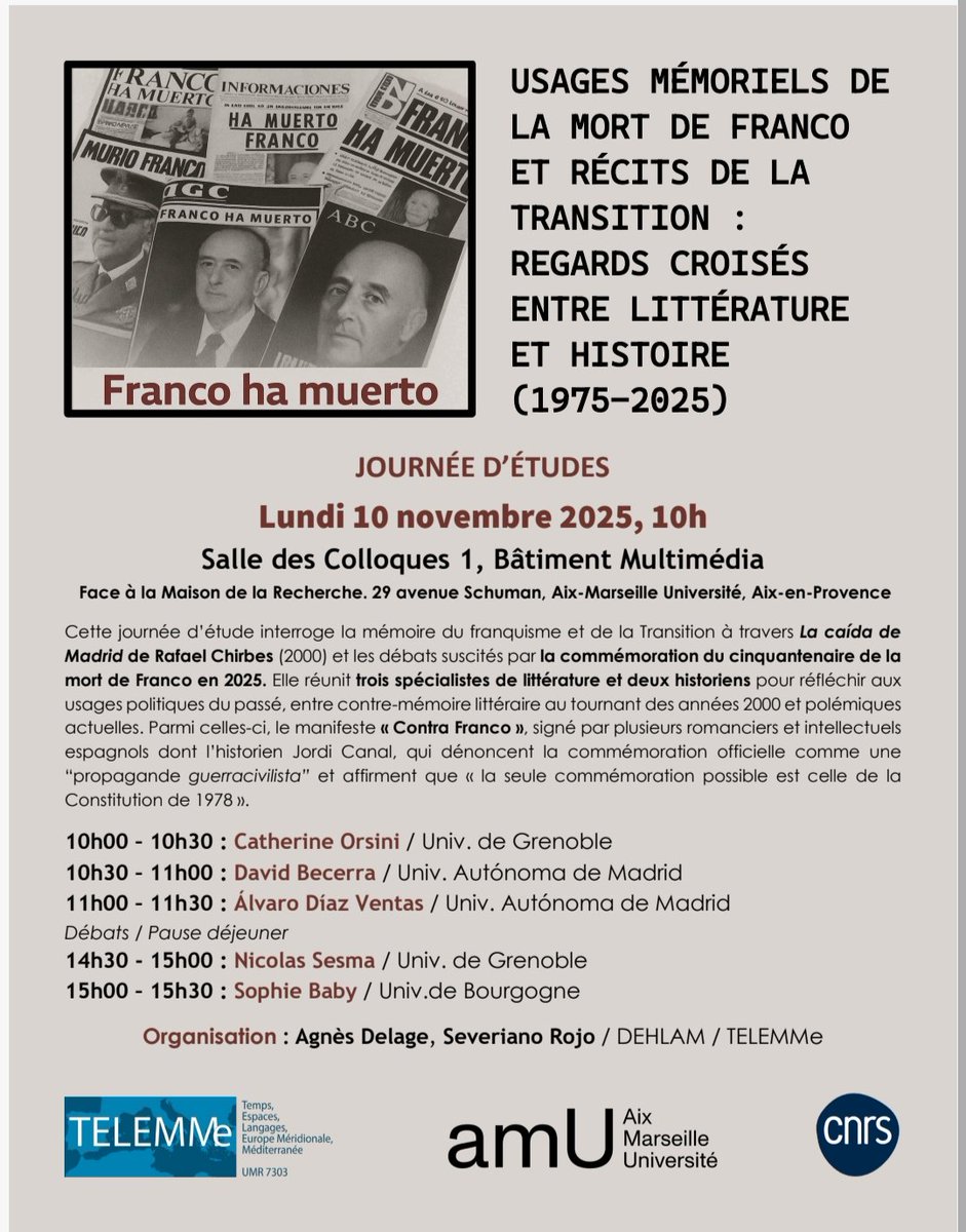DBecerraMayor's tweet image. Hoy vamos a tener un encuentro alrededor de La caída de Madrid de Rafael Chirbes que promete ser de lo más interesante en Aix-Marseille Université.