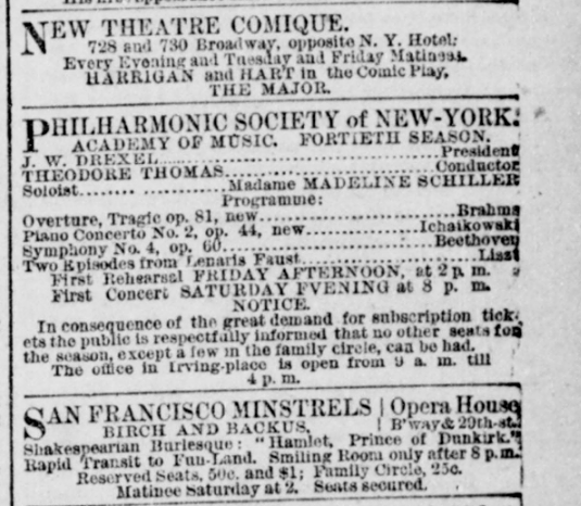 Hidden away in the entertainment pages of the 10 November 1881 issue of 'The New York Tribune' is the barest mention of the upcoming world premiere performance of Tchaikovsky's Piano Concerto No. 2: