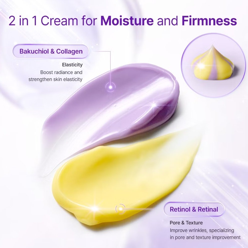 mtunkrm's tweet photo. I try Some By Mi Retinol Bakuchiol Dual Cream ni. 1 tube mcm ada 2 skincare berbeza🙂‍↔️

2 formula:
💜Bakuchiol + Collagen
bagi kulit lebih firm &amp; glowing
💛Retinol + Retinal
bantu refine texture &amp; kurangkan garis halus

Tekstur creamy tapi cepat serap. Tak rasa tebal langsung https://t.co/rVJ72EXwLK