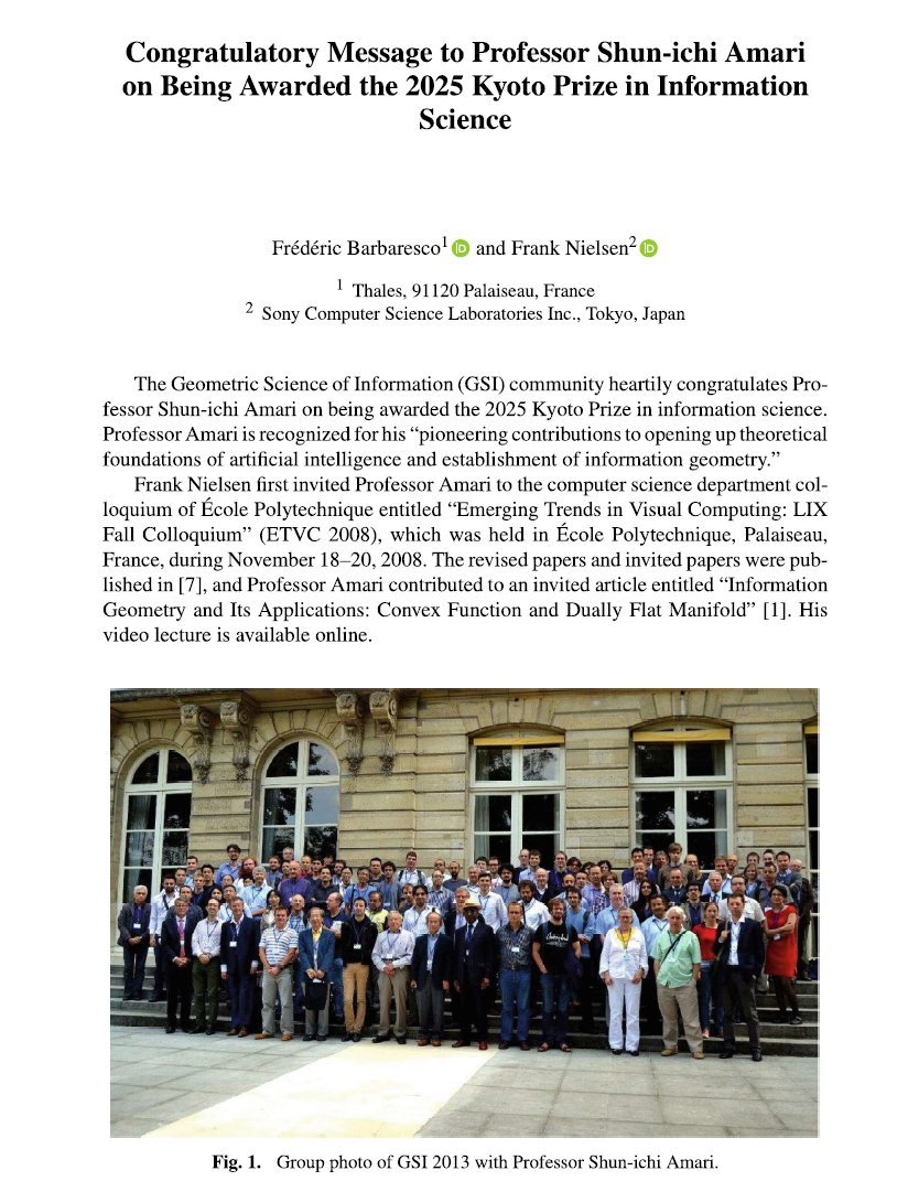 Congratulatory message to Professor Shun-ichi Amari on being awarded the 2025 Kyoto Prize in Information Science

franknielsen.github.io/GSI/Congratula…