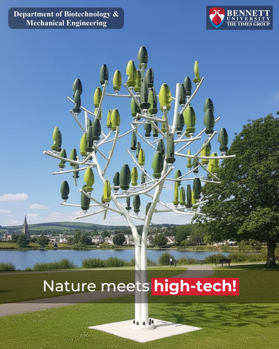 bennettuniv's tweet image. Imagine generating clean energy from a whispering “tree.” 
The Aeroleaf micro-turbine turns design into power — 36 mini turbines producing up to several kW from just an 8 km/h breeze.
Sustainable, silent, and stunning.
#Aeroleaf #CleanEnergy #GreenTech #BennettUniversity