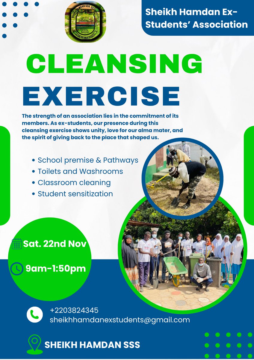 sheikh_hamdan24's tweet photo. Our alumni will conduct a cleansing exercise at Sheikh Hamdan on Sat, 22 Nov from 9:00AM–1:50PM. We’re giving back, keeping our alma mater clean, and sensitizing students on hygiene. Join us and make an impact. https://t.co/gJVVGs11Gn