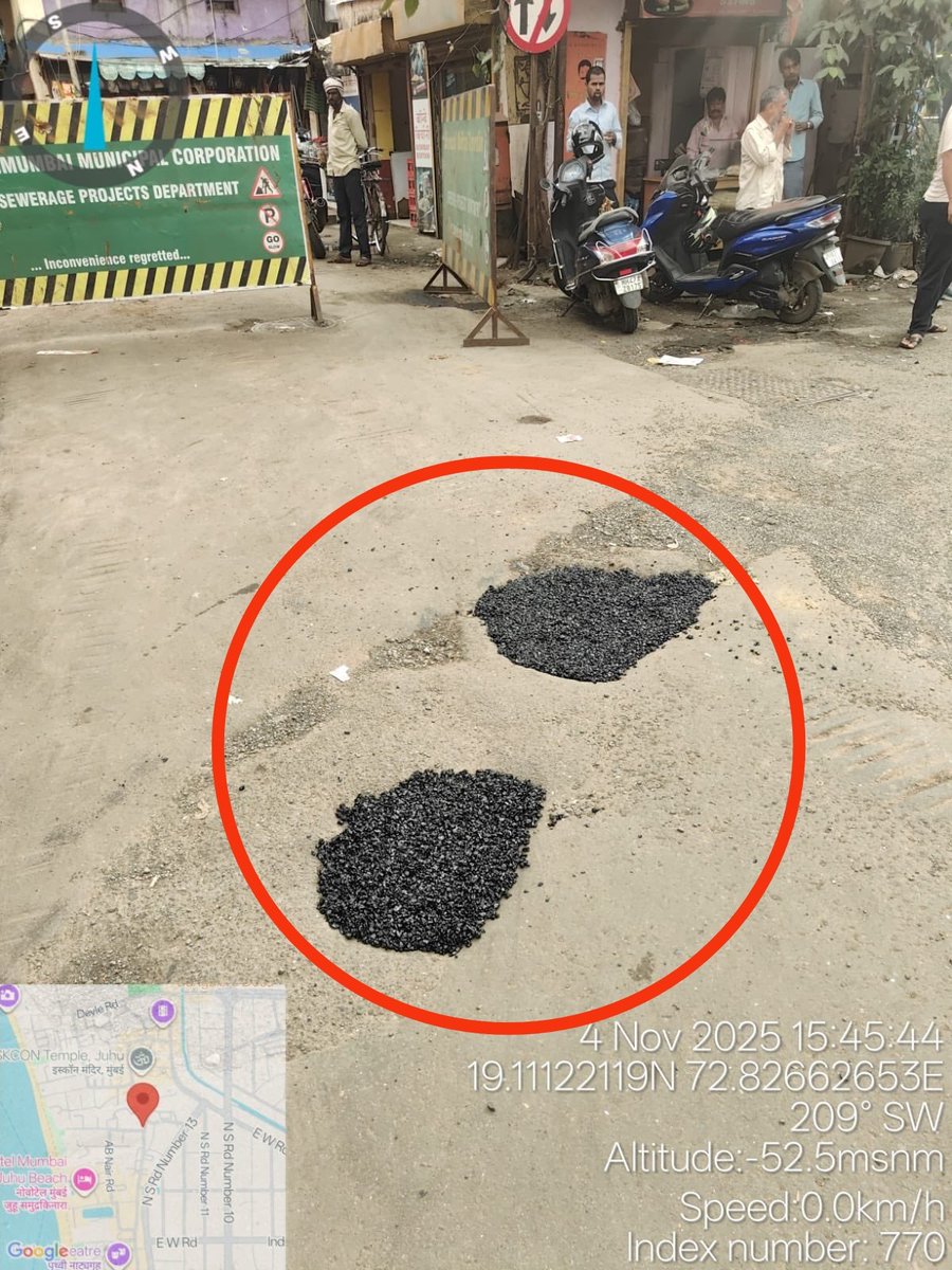 gemsofbabus_'s tweet photo. Proudly posted by the official BMC Infra handle. Two lumps of tar thrown on potholes like toppings on pav bhaji. 

Deleted it after realizing their own pathetic work. Absolute Clowns. 🤡 https://t.co/npzwXI5ai7