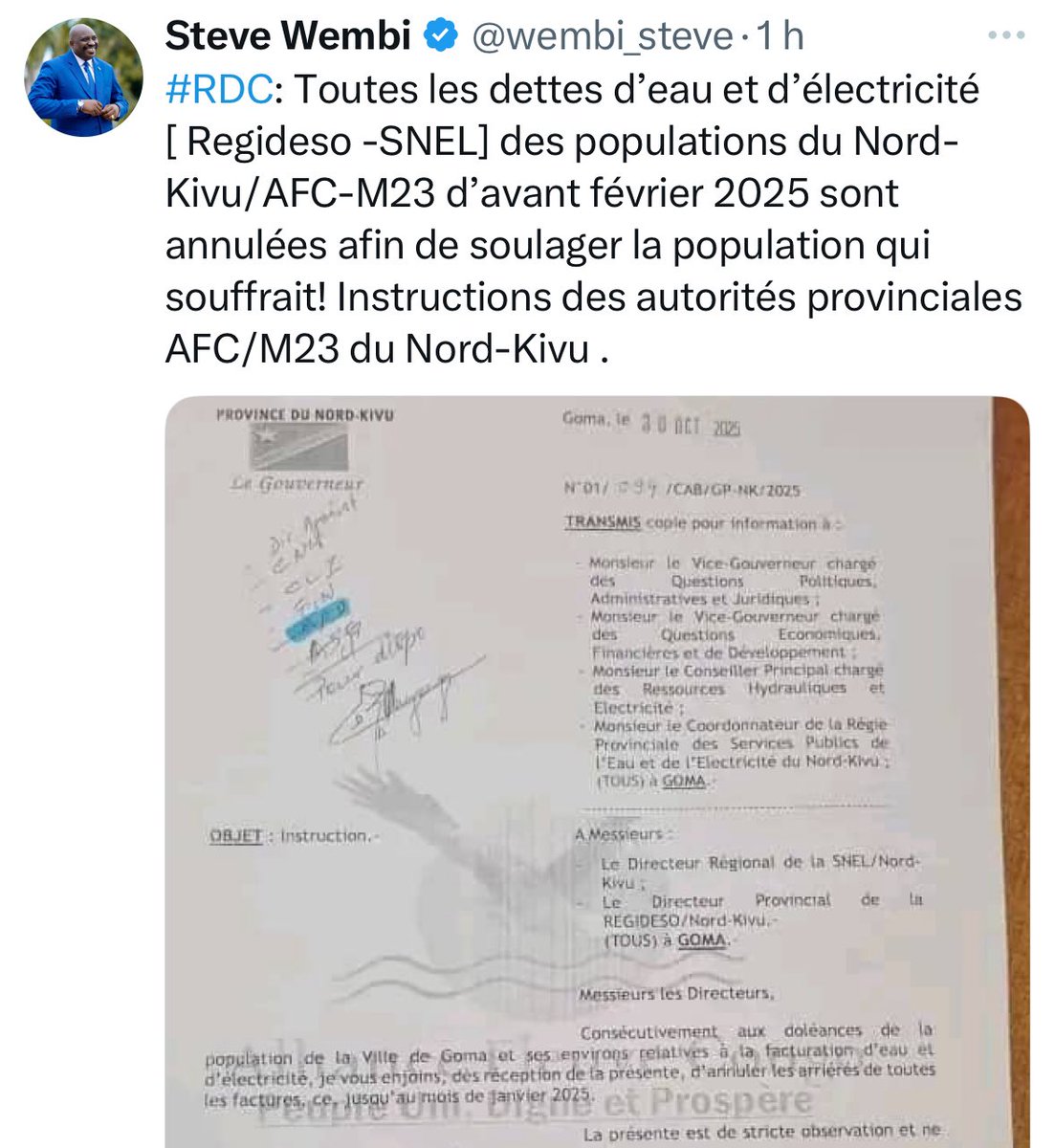 Steve Wembi, celui que l'on surnomme le « petit télégraphiste de Kigali », se met désormais à diffuser des faux en écritures publiques.

L'article 126 du Code pénal (congolais) (Livre II) dispose que « celui qui, dans une intention frauduleuse ou à dessein de nuire, fait usage de