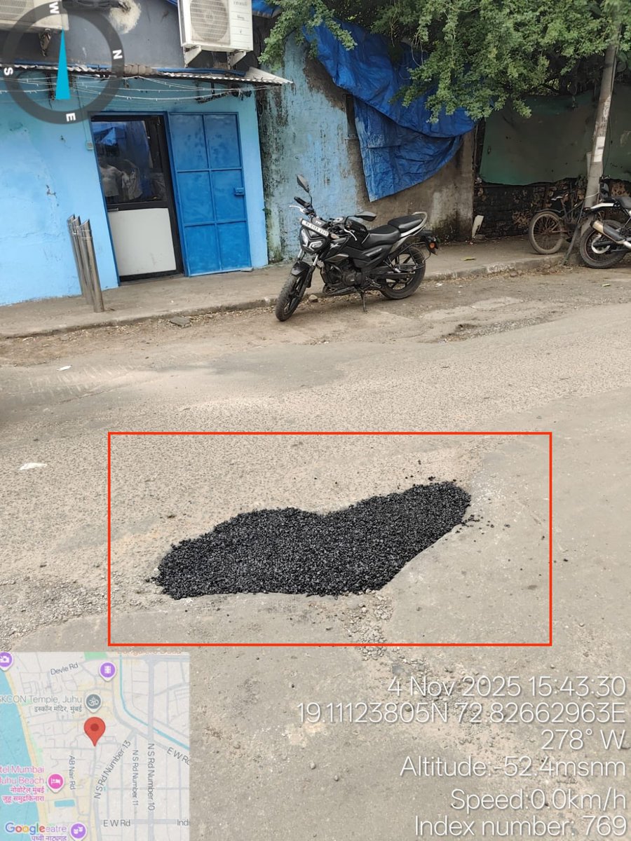 gemsofbabus_'s tweet photo. Proudly posted by the official BMC Infra handle. Two lumps of tar thrown on potholes like toppings on pav bhaji. 

Deleted it after realizing their own pathetic work. Absolute Clowns. 🤡 https://t.co/npzwXI5ai7