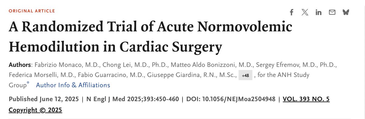 #CardioToVascSEDAR 🩸 Un nuevo estudio publicado en The New England Journal of Medicine revela que la hemodilución normovolémica no reduce las transfusiones en cirugía cardiaca.

💡 Se reabre el debate sobre estrategias de conservación sanguínea.
🔗nejm.org/doi/full/10.10…