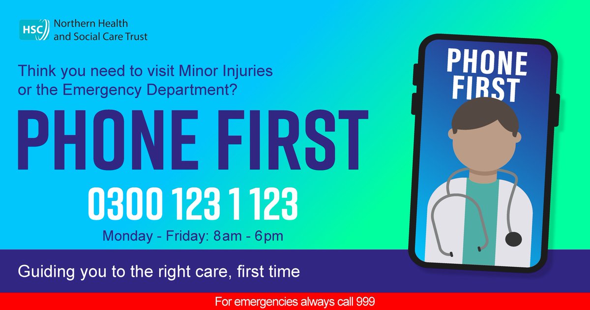 NHSCTrust's tweet photo. When you’re unwell it’s important you get the right care from the right place. 

Phone First can save you time and help you avoid busy waiting rooms. 

Ring 0300 123 1 123 Mon - Fri 8am-6pm and get advice directly from a triage nurse. 

Always call 999 in an emergency. https://t.co/7bAdCy3zOR