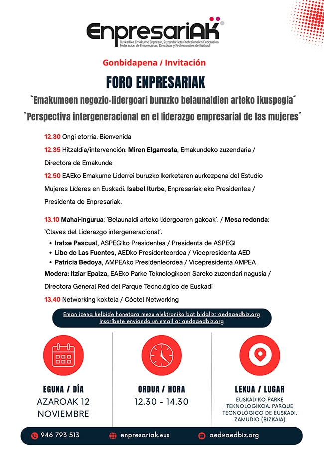🌟 #ForoEnpresariak 2025 🌟
 Perspectiva intergeneracional en el liderazgo femenino 💼
Con referentes de <a href="/emakundEJGV/">Emakunde</a> , <a href="/ASPEGI/">ASPEGI</a> , <a href="/AedAsociacion/">AED Asociación</a> , AMPEA
📅 12/11 | 🕐 12:30–14:30 | 📍 Campus Zamudio/Derio

💜 Inspírate. Conecta. Transforma.
📩 aed@aedbiz.org
#LiderazgoFemenino