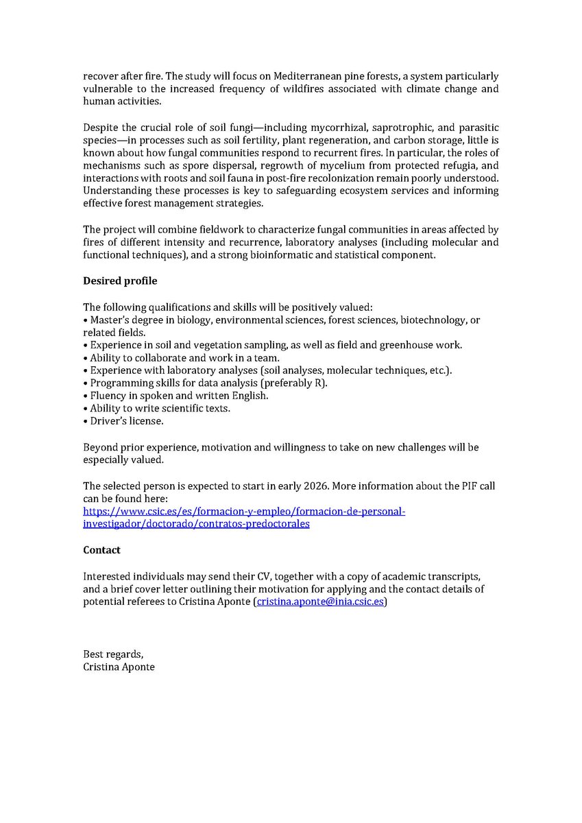 Busco candidat@ para un contrato predoctoral  en el proyecto REPFIRE sobre comunidades fúngicas 🍄 del suelo tras  #Incendios forestales 🔥🌲 
📍 ICIFOR (<a href="/INIA_es/">INIA-CSIC</a> <a href="/CSIC/">CSIC</a> )- Madrid
 🗓 Inicio previsto: enero -marzo 2026
ℹ️ Más info 👇
 📩 Si te interesa, DM!