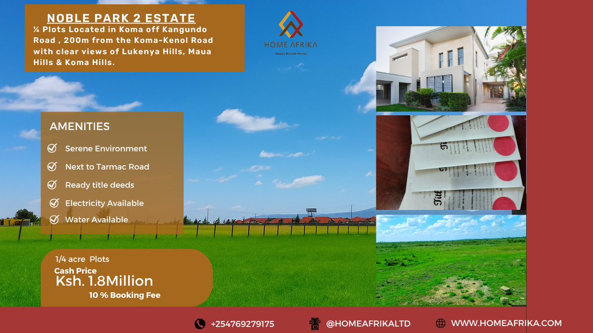 New week, new opportunities to build and rebuild. Enjoy discounted Noble Park 2 Estate 100 by 100 plots in Koma off Kangundo Road. Previously selling at Ksh 2 Million now 1.8 Million.
#Land
#100by100 

+254769279175/www.homeafrika.com