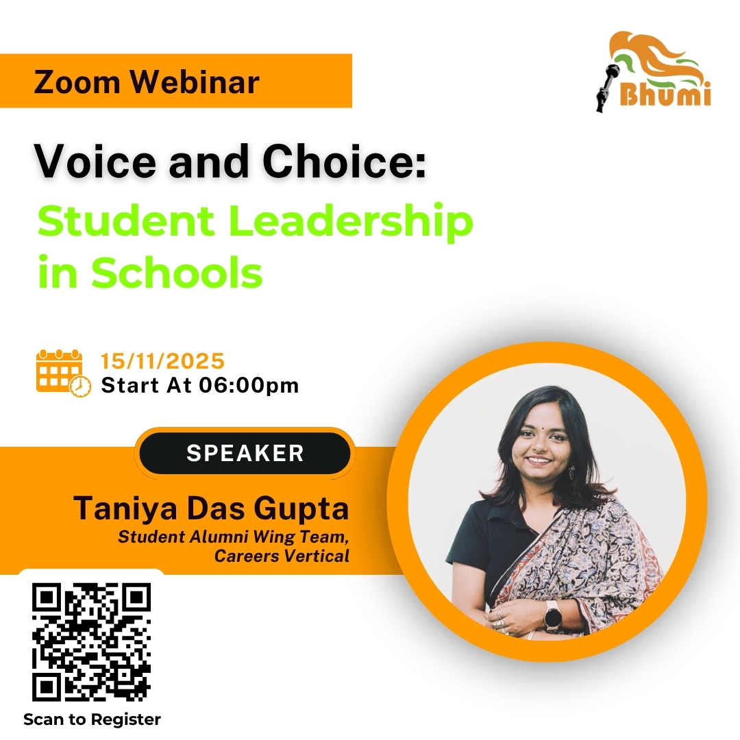 The countdown is on!⏳

Don’t miss this inspiring #BhumiFellowship webinar — “Voice and Choice: Student Leadership in Schools” featuring Taniya Das Gupta, from the Student Alumni Wing Team, Careers Vertical.

🎟️ Register now: go.bhumi.ngo/bfwebinar_2

#Webinar #JoinUs #Bhumi