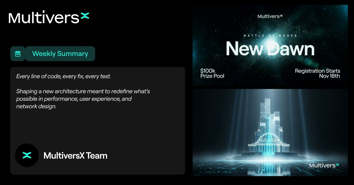 Last week in MultiversX 🌏
⚔️ Battle of Nodes registrations begin November 18
🎓 Joint paper published with <a href="/ICIBucharest/">ICI Bucharest</a>
🗺 Post-Governance Implementation Roadmap published
🏛 Clarensac puts democracy onchain
🎙 @LucianMincu on New Era Finance Podcast
📈 First CLMM on MvX by