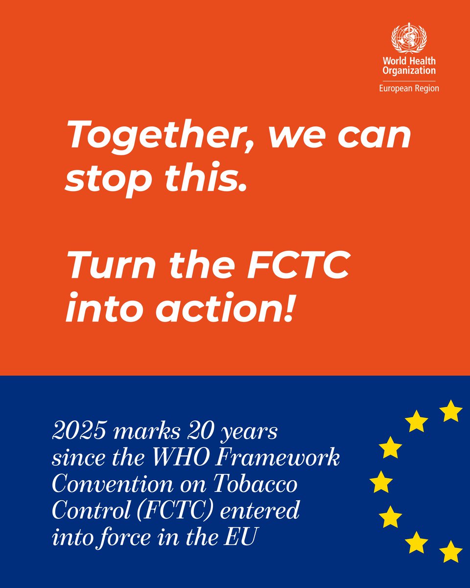 WHO_Europe's tweet image. 🚭 20 years of the #FCTC implementation in the #EU: progress achieved, but tobacco still kills half a million people yearly, and almost 80,000 of them die from second-hand smoke. 

Learn more in WHO/Europe’s new report: bit.ly/4hP0rdc
