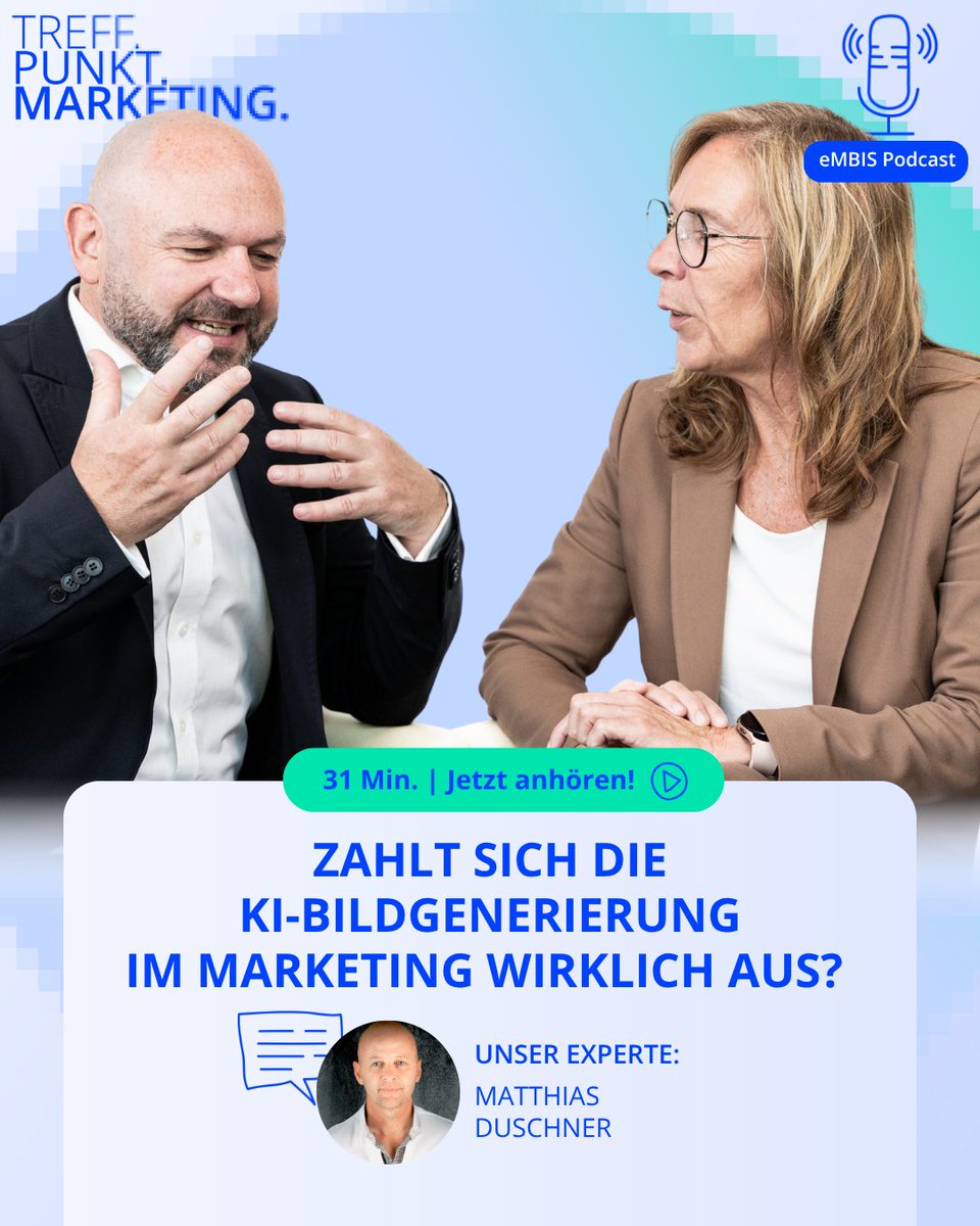 🎙️ Zahlt sich die KI-Bildgenerierung im Marketing wirklich aus? 👨🏻‍🦲Matthias Duschner spricht im aktuellen eMBIS-Podcast, worauf es bei der Bildgenerierung mit KI wirklich ankommt.🎧Jetzt reinhören – embis.de/podcast/zahlt-… #KIMarketing #eMBIS #Podcast #Weiterbildung