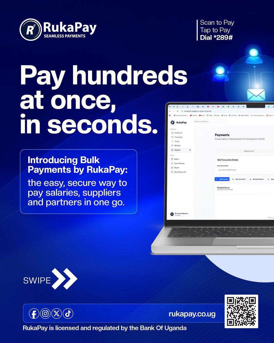 rukapay_ug's tweet photo. SWIPE ➡️ to see how we’re dropping HUNDREDS OF PAYMENTS in seconds! 

Making multiple payments is finally stress-free with RukaPay Bulk Payments.

Stop: ❌ Paying salaries one-by-one.
Start: ✅ Uploading one file and done!

#BulkPay #RukaPay https://t.co/n3sUrhPPtJ
