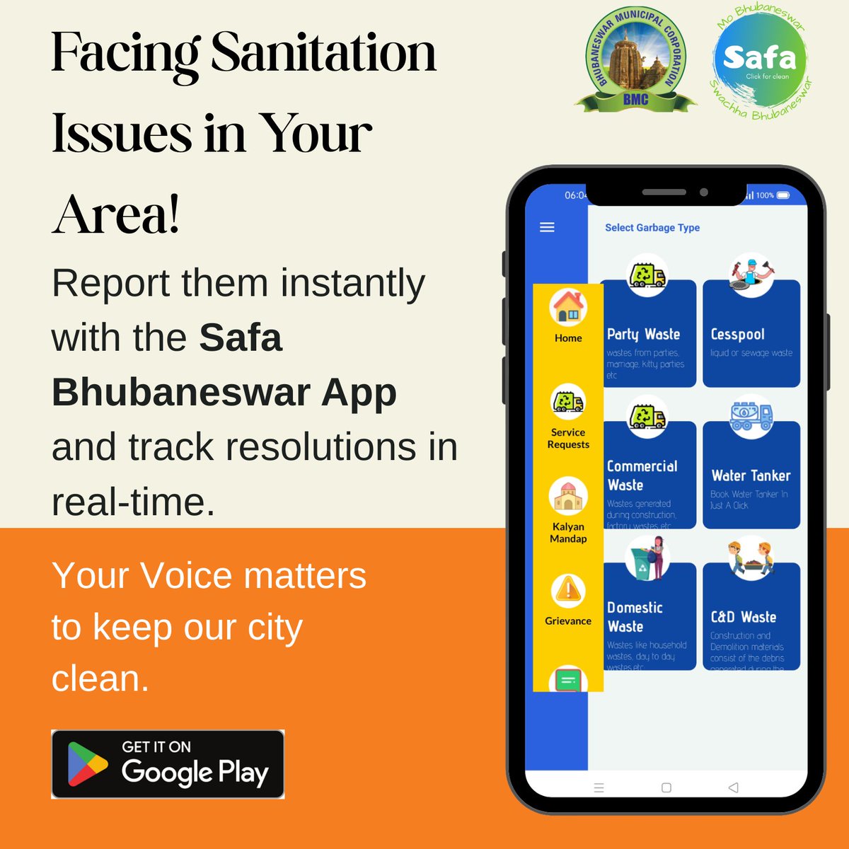 safabhubaneswar's tweet image. Facing sanitation issues in your area?
No need to wait — report instantly with the @Safabhubaneswar App and track resolutions in real-time! 📱 

Download the app today and be a part of the change!
#BMC #Bhubaneswar #Sanitation #safabhubaneswar @MayorofBBSR @bmcbbsr