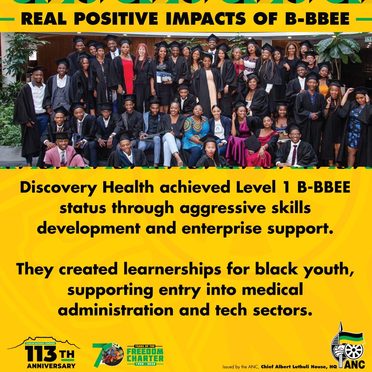 MbalulaFikile's tweet photo. Discovery Health achieved Level 1 B-BBEE status through aggressive skills development and enterprise support. They created learnerships for black youth, supporting entry into medical administration and tech sectors.
ANC policies at work
#BEEatWork https://t.co/cl5gJxbGxJ