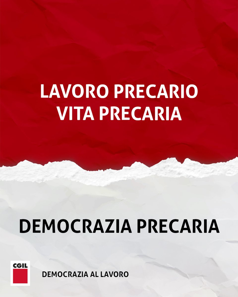 “L'Italia è una Repubblica democratica, fondata sul lavoro”. (Costituzione italiana, Articolo 1)

Senza lavoro, non c’è democrazia.

#CGIL #democrazialavoro
