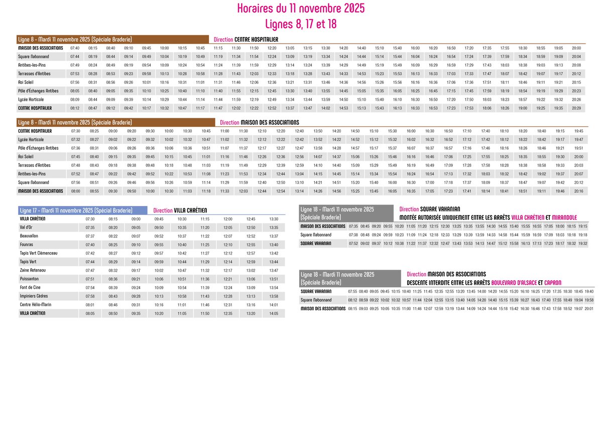 🚍LIGNES 8, 17, 18 - FOIRE du 11 novembre - VALLAURIS  Fermeture du Bd Jacques Ugo, arrêts non desservis et fiches horaires spéciales pour cette journée.  Plus d'infos : envibus.fr/alertes-trafic  Merci pour votre compréhension.    #Envibus #Vallauris