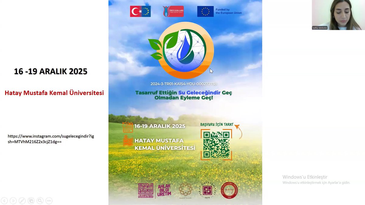💧📢Erasmus+ KA154 Gençlik Katılım projemiz kapsamında gerçekleştirilen yaygınlaştırma toplantısı, 7 Kasım 2025’te çevrim içi olarak 3️⃣8️⃣ gencin katılımıyla gerçekleştirildi!
Habere ulaşmak için 👉 artuklu.edu.tr/tr/su-gelecegi…