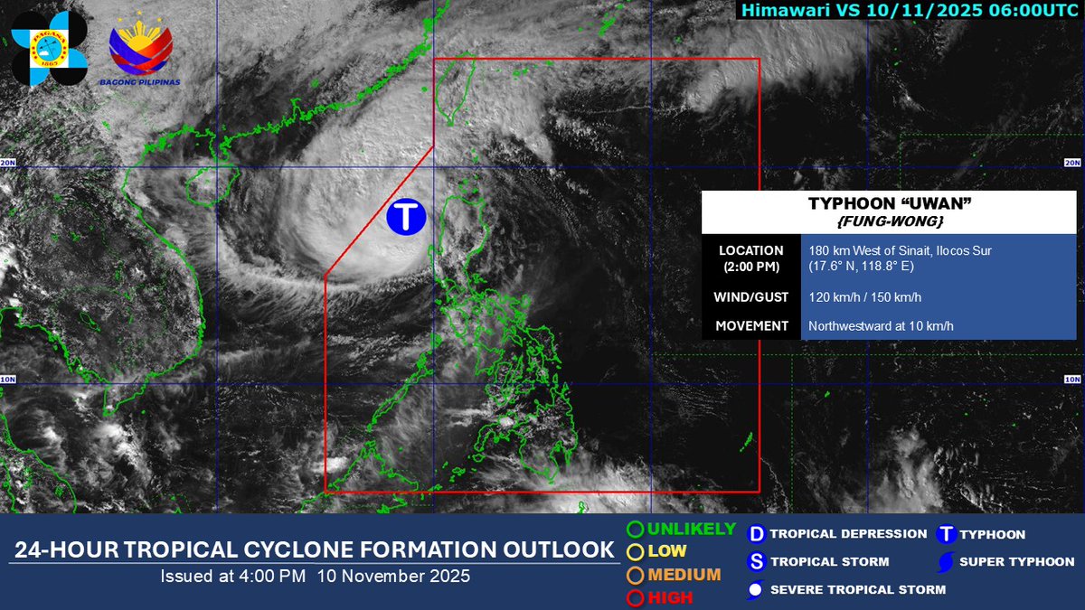 WEATHER UPDATE | As of 2:00 PM today, 10 November 2025, Typhoon "UWAN" (Int'l Name "FUNG-WONG") is being monitored INSIDE the Philippine Area of Responsibility (PAR).

Source: DOST-PAGASA

#UwanPH
#BawatSegundoMahalaga
#NDRRMC
