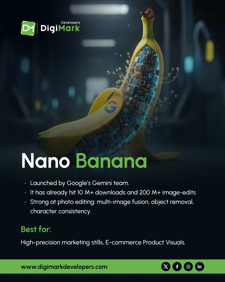 Digimarkdevs's tweet photo. Choosing the right generative-AI tool can define the speed and quality of your creative workflow.
Nano Banana is for high-precision image editing, and Sora is for cinematic video creation.
Follow @Digimarkdevs  for more tech updates + tech insights.
#digimark #AINews #Trending https://t.co/GiulAP6GxI