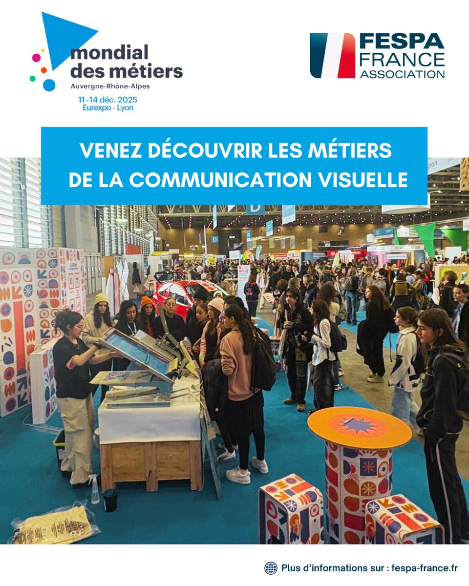 🎨 Découvrez les métiers de la communication visuelle au #MondialDesMétiers !
📅 11–14 déc. 2025 – Lyon Eurexpo
📍 Retrouvez-nous stand A33 
Rencontrez des professionnels passionnés, assistez à des démos  en live et trouvez votre voie !

🎟️ mondial-metiers.com/billetterie-en… - #FESPAFrance