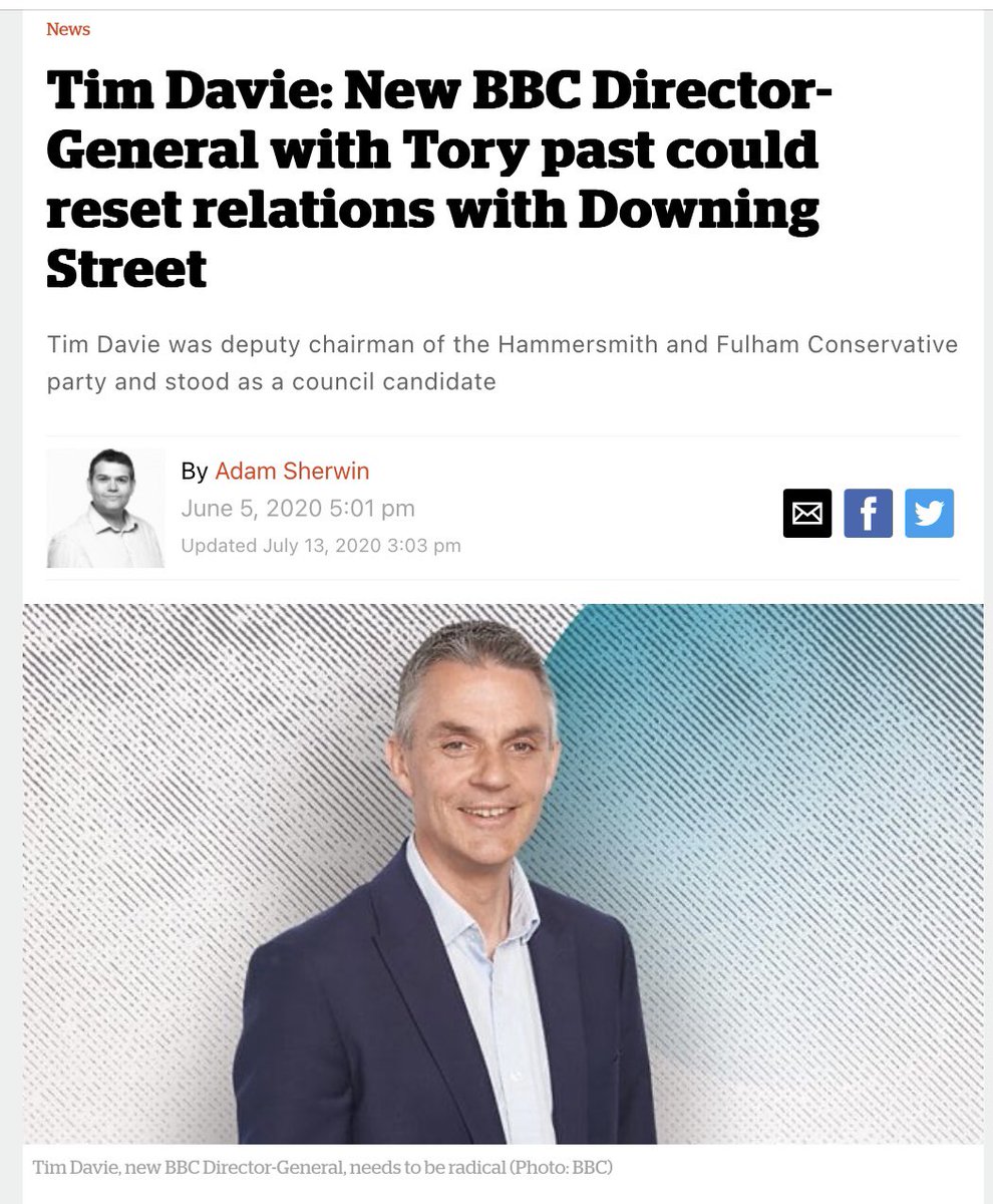 Tim Davie ex BBC Director General is a woke, liberal chai latte drinking socialist who promotes subversive politics. He deserves his sacking!

What?
He’s a Tory?😳

He was ex chair of Hammersmith &amp; Fulham Conservative Party?
Reinstate him NOW!
The BBC needs people of his calbre!