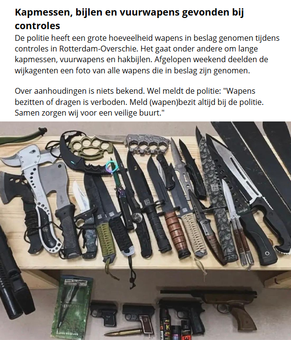 markdehollander's tweet photo. Omdat het mode is een bericht te versnipperen door @RTV_Rijnmond heb ik de moeite genomen dit best schokkend bericht even tot één item te monteren.
Kapmessen, bijlen en vuurwapens gevonden bij controles door politie in Rotterdam Overschie.
#misdaad #bijlen #vuurwapens https://t.co/Lj5K6aiCDr