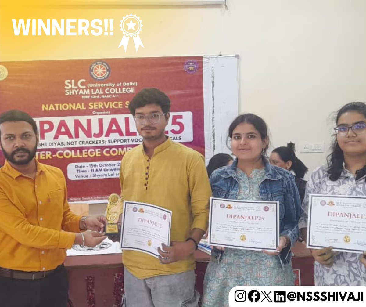 nssshivaji's tweet photo. The NSS Dipanjali Competition 2025 was beautifully hosted by the NSS Unit of Shyam Lal College, University of Delhi. 
The event began with all participants gathering at the Innovation Plaza, followed by the NSS pledge and diya lighting ceremony by the Guest of Honour. https://t.co/isdtjb1yh0