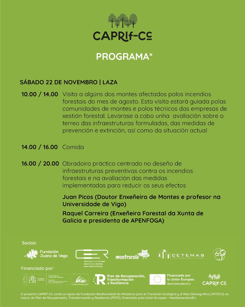 caprifcc's tweet photo. O sábado 22 de novembro o proxecto CAPRIF-CC organiza en Laza (Ourense) unha xornada formativa sobre o deseño e avaliación de infraestruturas e medidas de prevención contra os incendios forestais. https://t.co/mf3IJVsRrW