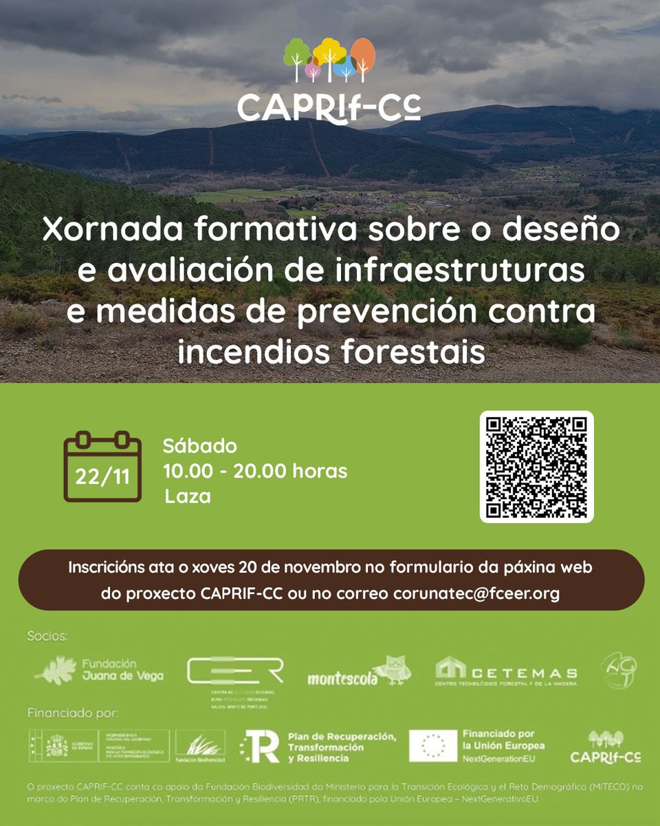 caprifcc's tweet photo. O sábado 22 de novembro o proxecto CAPRIF-CC organiza en Laza (Ourense) unha xornada formativa sobre o deseño e avaliación de infraestruturas e medidas de prevención contra os incendios forestais. https://t.co/mf3IJVsRrW