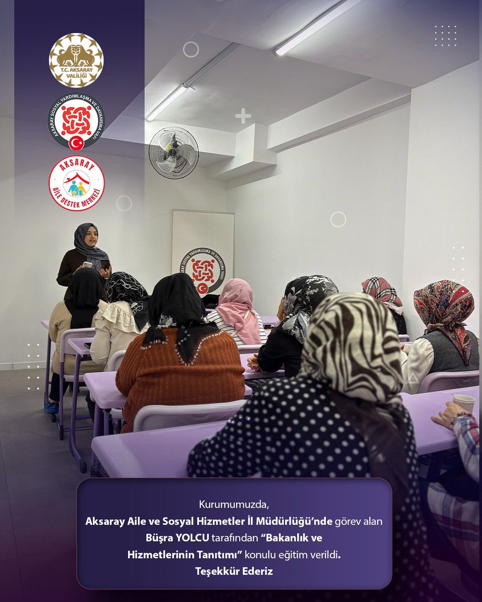 Kurumumuzda, Aksaray Aile ve
Sosyal Hizmetler İl Müdürlüğü’nde görev alan Büşra YOLCU tarafından “Bakanlık ve
Hizmetlerinin Tanıtımı” konulu eğitim verildi. Teşekkür ederiz 
<a href="/tcailesosyal/">T.C. Aile ve Sosyal Hizmetler Bakanlığı</a> <a href="/MahinurOzdemir/">Mahinur Özdemir Göktaş</a> <a href="/aksarayvaliligi/">T.C. Aksaray Valiliği</a> <a href="/malikumbuzoglu/">Mehmet Ali Kumbuzoğlu</a> <a href="/ashb_sygm/">Sosyal Yardımlar Genel Müdürlüğü</a>