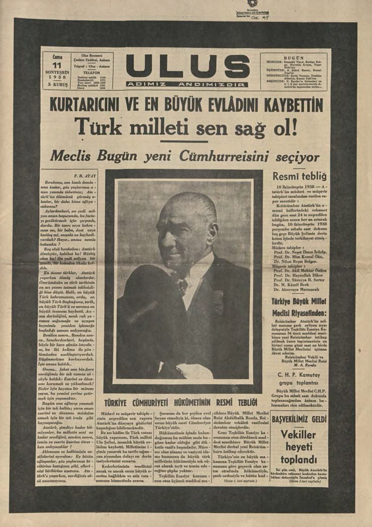 11 KASIM 1938 | Ulus Gazetesi

"Kurtarıcını ve en büyük evladını kaybettin. Türk milleti sen sağ ol!"