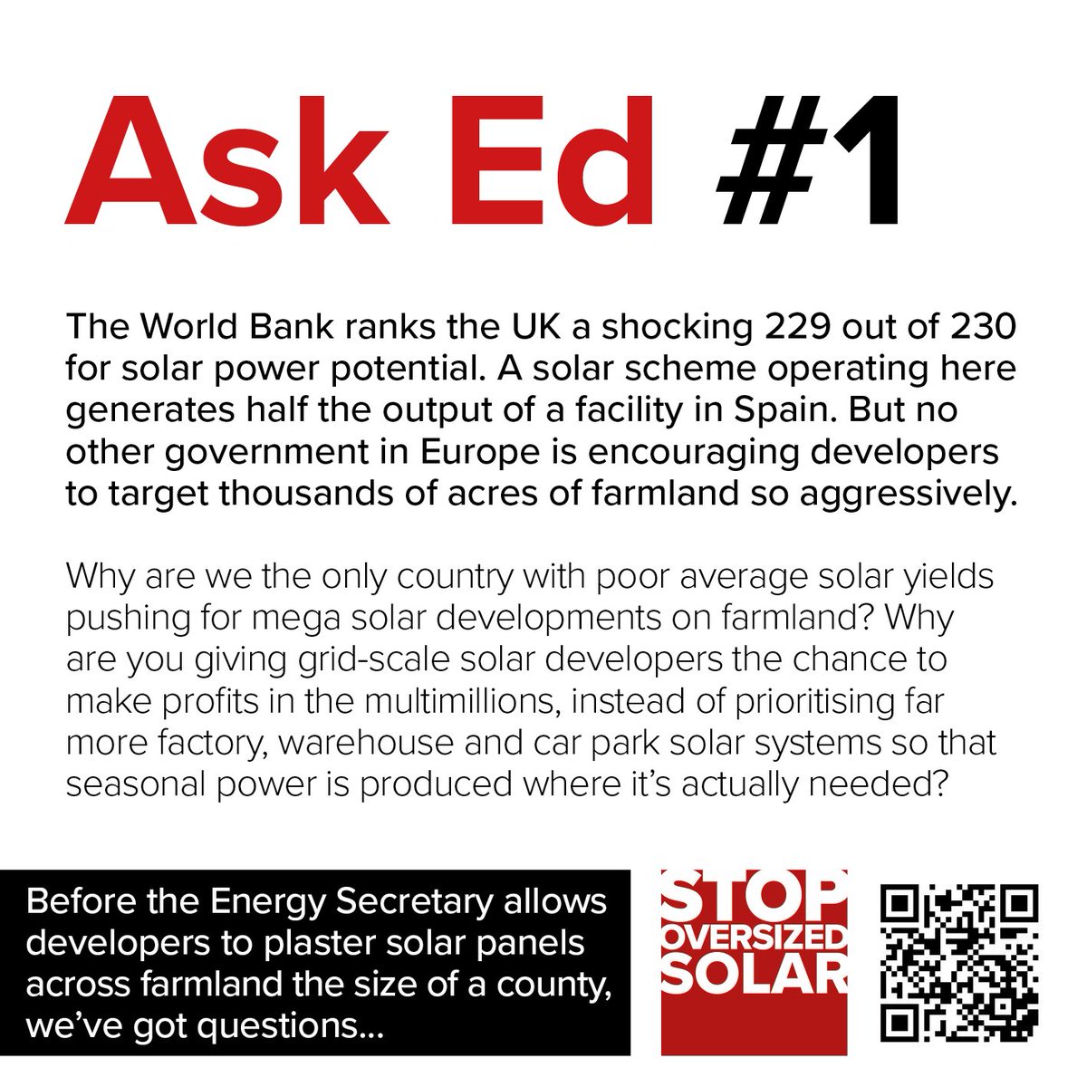 StopEastPark's tweet image. More than a month ago, the Stop Oversized Solar coalition sent open letters to Keir Starmer and Ed Miliband  pointing out some inconvenient truths about the UK’s solar energy strategy. We are yet to receive any response. So we’re coming to social media to #AskEd for answers to
