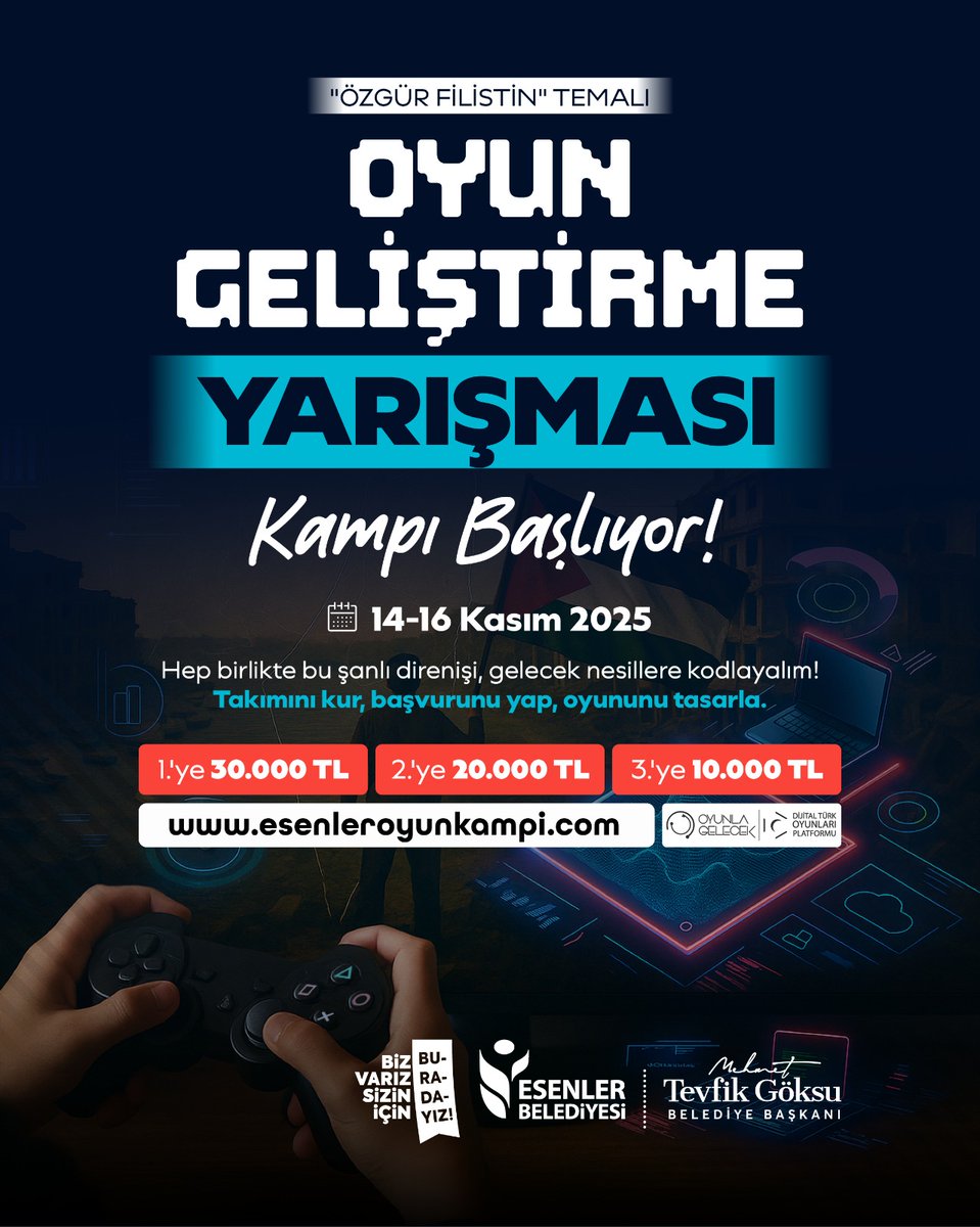 "Özgür Filistin" Temalı, Ödüllü Oyun Geliştirme Kampı İçin Son Çağrı! 📢🇵🇸

#Gazze'nin şanlı direnişini, tasarlayacağınız oyunlarla gelecek nesillere aktarıyoruz. 👾🖥️

Birinciye 🥇 30.000 TL
İkinciye 🥈 20.000 TL
Üçüncüye 🥉 10.000 TL

Kayıt için 👉 esenleroyunkampi.com

Son