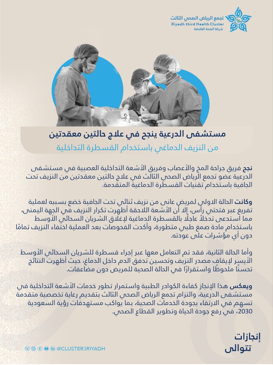 🗞️️ #خبر_صحفي | مستشفى الدرعية عضو #تجمع_الرياض_الصحي_الثالث ينجح في علاج حالتين معقدتين من النزيف الدماغي باستخدام القسطرة التداخلية العصبية، في إنجاز طبي يعكس جاهزية الكوادر الطبية، مما يسهم في رفع مستوى الرعاية الصحية في مستشفيات التجمع وتحقيق مستهدفات #رؤية_السعودية2030.