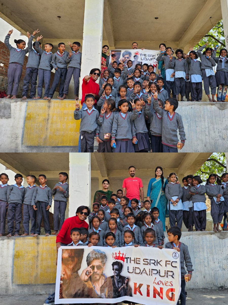 srkfcudr's tweet photo. 🧣 Celebrating "KING" title reveal in the most heartwarming way —by spreading warmth through sweater &amp; biscuit distribution in govt. schools 💫– The SRK FC Udaipur 👑
#SRK #KING #TheSRKFCUdaipur 
@RedChilliesEnt @KarunaBadwal @BilalS158 @iamsrk @justSidAnand https://t.co/CDE4kJjKyo