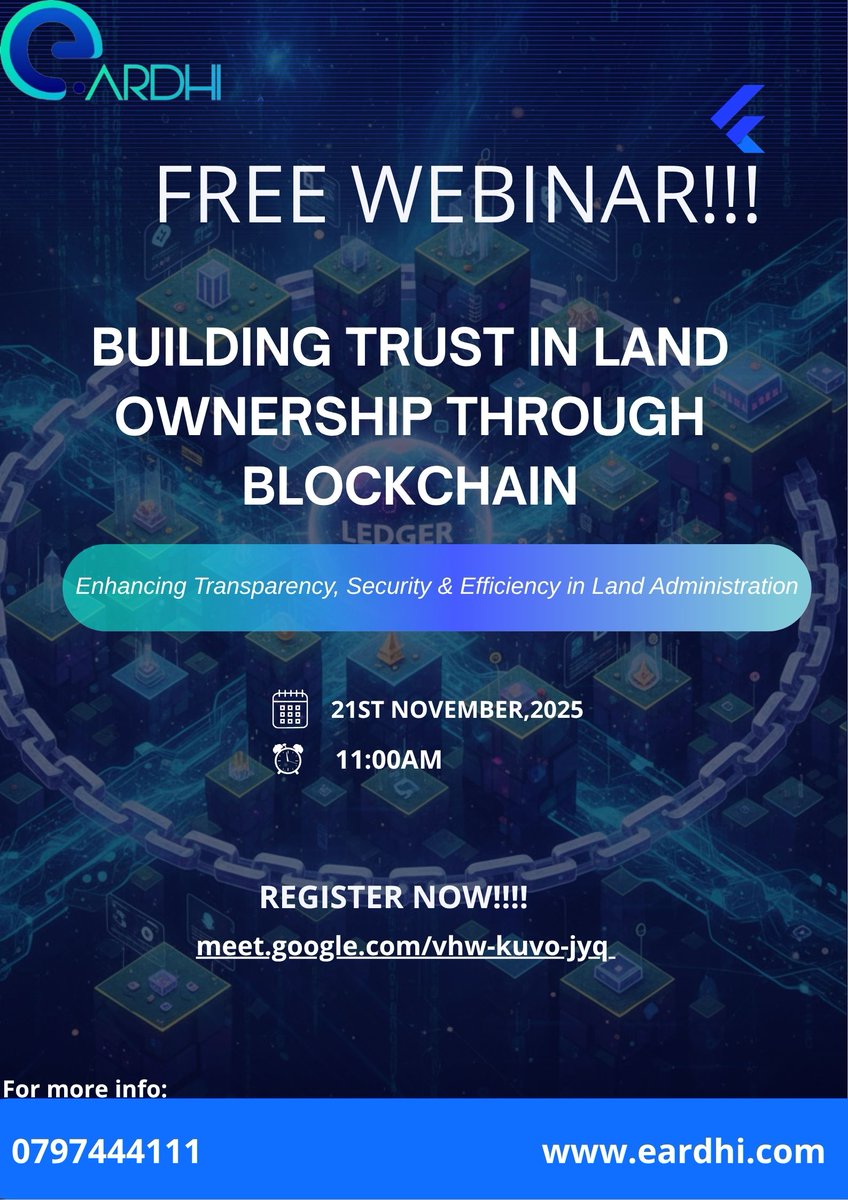 eardhike's tweet photo. Be part of the conversation on how blockchain is transforming land ownership.
Free Webinar!!!
📅 Date: 21st November
🎓 Topic: Building Trust in Land Ownership through Blockchain

Join us as we explore how technology is shaping the future of secure, transparent, and efficient land processes.
👉 Reserve your spot today!
#Landtech #BlockchainInnovation #DigitalLandSolutions
@LandRightsNow @landportal @ldgi_kenya @KLandalliance