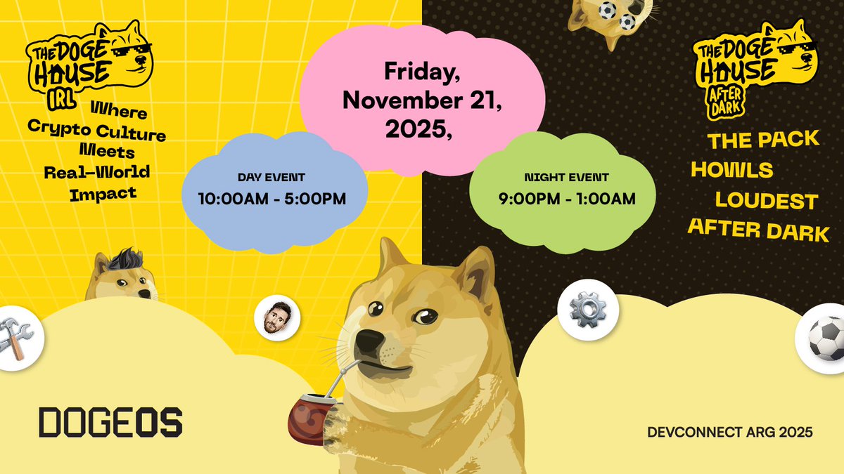 🐕 Big news, doge fam! DogeHouse is going IRL!

We're taking our weekly Spaces to Argentina for DevConnect. 

Two events. One mission: Show the world what happens when you build real utility on the people's currency.

🧵 Here's what's happening...