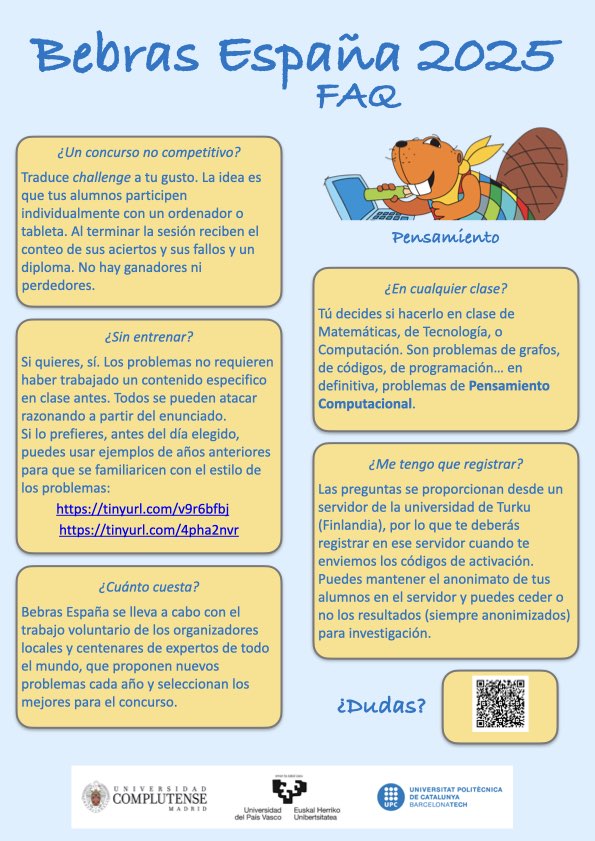 Hoy 10 de noviembre es el primer día para participar con tu aula en #25_Bebras_ES 🥳🥳🥳

Revisa tu buzón 👀: TODAS las inscripciones han recibido las instrucciones y el código de activación. 

PD. Las inscripciones siguen abiertas hasta el 17/Dic en
forms.gle/oycLNiV3pdxob6…