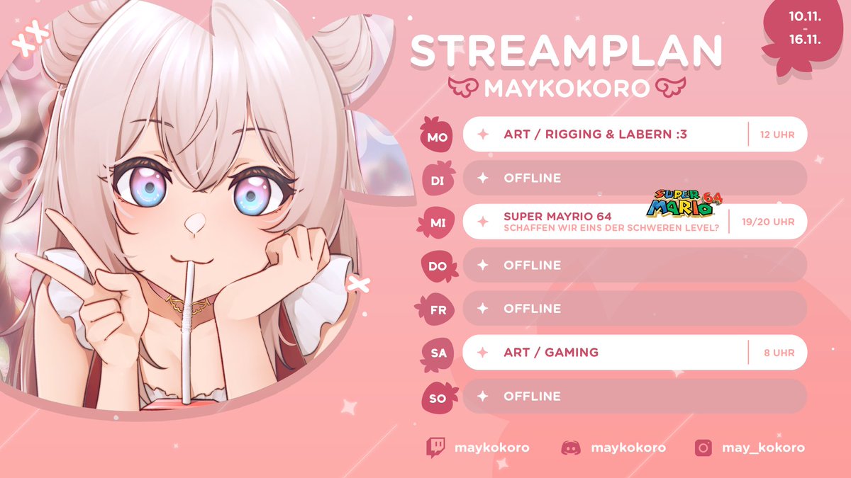 Hier nochmal der neue Streamplan, weil mein Siebgehirn Donnerstag mit Mittwoch vertauscht hat 😂🫡

twitch.tv/maykokoro