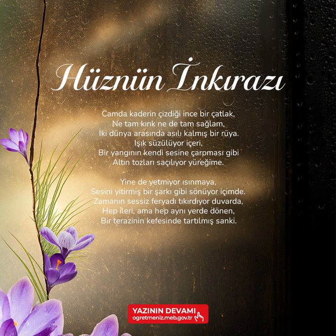 The image displays the title Hüznün İnkırazı in large elegant Turkish script at the top, followed by the full poem text in poetic verses describing sorrow breaking through cracks like light seeping from window fissures, with scattered purple crocus flowers integrated among the lines, and a watermark at the bottom reading YAZININ DEVAMI öğretmeniz.me.gov.tr.